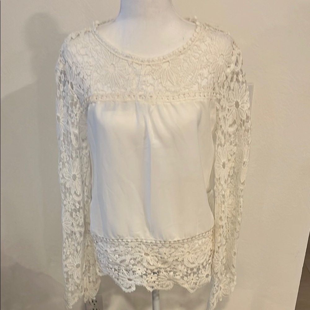 Cream Blouse with Bib Collar and Embellished Sheer Sleeves